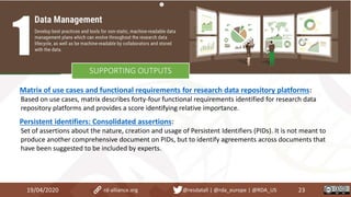 19/04/2020 23rd-alliance.org @resdatall | @rda_europe | @RDA_US
SUPPORTING OUTPUTS
Matrix of use cases and functional requirements for research data repository platforms:
Based on use cases, matrix describes forty-four functional requirements identified for research data
repository platforms and provides a score identifying relative importance.
Persistent identifiers: Consolidated assertions:
Set of assertions about the nature, creation and usage of Persistent Identifiers (PIDs). It is not meant to
produce another comprehensive document on PIDs, but to identify agreements across documents that
have been suggested to be included by experts.
 