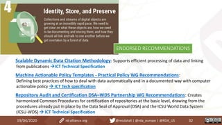 Scalable Dynamic Data Citation Methodology: Supports efficient processing of data and linking
from publications ICT Technical Specification
Machine Actionable Policy Templates - Practical Policy WG Recommendations:
Defining best practices of how to deal with data automatically and in a documented way with computer
actionable policy  ICT Tech specification
Repository Audit and Certification DSA–WDS Partnership WG Recommendations: Creates
harmonized Common Procedures for certification of repositories at the basic level, drawing from the
procedures already put in place by the Data Seal of Approval (DSA) and the ICSU World Data System
(ICSU-WDS)  ICT Technical Specification
19/04/2020 32rd-alliance.org @resdatall | @rda_europe | @RDA_US
ENDORSED RECOMMENDATIONS
 