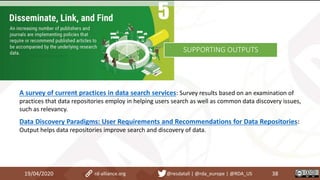 19/04/2020 38rd-alliance.org @resdatall | @rda_europe | @RDA_US
SUPPORTING OUTPUTS
A survey of current practices in data search services: Survey results based on an examination of
practices that data repositories employ in helping users search as well as common data discovery issues,
such as relevancy.
Data Discovery Paradigms: User Requirements and Recommendations for Data Repositories:
Output helps data repositories improve search and discovery of data.
 