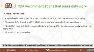 RDA Recommendations that make data work
09/08/2019 rd-alliance.org @resdatall | @rda_europe 17
 Adopted code, policy, specifications, standards, or practices that enable data sharing
 “Harvestable” efforts for which 12-18 months of work can eliminate a roadblock
 Efforts that have substantive applicability to groups within the data community but may not
apply to all
 Efforts that can start today
“Create - Adopt - Use”
32 flagship recommendations & outputs with over 75 cases of adoption in different domains, organisations and countries
 
