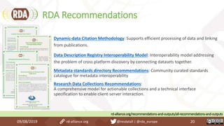 RDA Recommendations
09/08/2019 rd-alliance.org @resdatall | @rda_europe 20
Dynamic-data Citation Methodology: Supports efficient processing of data and linking
from publications.
Data Description Registry Interoperability Model: Interoperability model addressing
the problem of cross platform discovery by connecting datasets together.
Metadata standards directory Recommendations: Community curated standards
catalogue for metadata interoperability
Research Data Collections Recommendations:
A comprehensive model for actionable collections and a technical interface
specification to enable client-server interaction.
rd-alliance.org/recommendations-and-outputs/all-recommendations-and-outputs
 