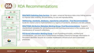 RDA Recommendations
09/08/2019 rd-alliance.org @resdatall | @rda_europe 23
RDA/WDS Publishing Data Services: An open, universal literature-data cross-linking service
to improve data visibility, discoverability, re-use and reproducibility.
FAIRsharing: standards, databases, repositories and policies - Final Recommendation:
Guide for citation and its implementation in a registry of standards, databases and data policies
RDA/TDWG Attribution Metadata Working Group: Final Recommendations: Supports
standardized metadata for attributing work and tracking provenance in the curation and
maintenance of research collections.
PID Kernel Information Working Group: A set of guiding principles, architectural
considerations, use cases and a fundamental metadata schema to manage information in
Persistent Identifier records for scalable middleware infrastructure and automated
processes.
rd-alliance.org/recommendations-and-outputs/all-recommendations-and-outputs
 