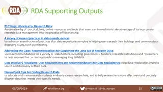 RDA Supporting Outputs
09/08/2019 rd-alliance.org @resdatall | @rda_europe 25
23 Things: Libraries For Research Data:
An overview by of practical, free, online resources and tools that users can immediately take advantage of to incorporate
research data management into the practice of librarianship.
A survey of current practices in data search services:
based on an examination of practices that data repositories employ in helping users search their holdings and common data
discovery issues, such as relevancy.
Addressing the Gaps: Recommendations for Supporting the Long Tail of Research Data:
seven recommendations for a variety of stakeholders, including governments, funders, research institutions and researchers
to help improve the current approach to managing long tail data.
Data Discovery Paradigms: User Requirements and Recommendations for Data Repositories: help data repositories improve
search and discovery of their data.
Eleven Quick Tips for Finding Research Data:
to educate and train research students and early career researchers, and to help researchers more effectively and precisely
discover data that meets their specific needs.
 