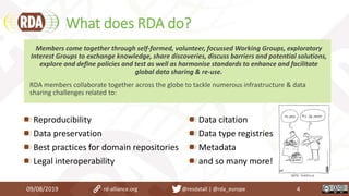 What does RDA do?
Reproducibility
Data preservation
Best practices for domain repositories
Legal interoperability
Data citation
Data type registries
Metadata
and so many more!
09/08/2019 rd-alliance.org @resdatall | @rda_europe 4
Members come together through self-formed, volunteer, focussed Working Groups, exploratory
Interest Groups to exchange knowledge, share discoveries, discuss barriers and potential solutions,
explore and define policies and test as well as harmonise standards to enhance and facilitate
global data sharing & re-use.
RDA members collaborate together across the globe to tackle numerous infrastructure & data
sharing challenges related to:
 