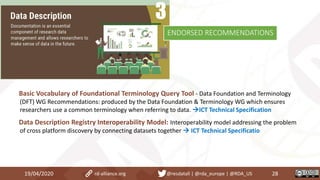 Basic Vocabulary of Foundational Terminology Query Tool - Data Foundation and Terminology
(DFT) WG Recommendations: produced by the Data Foundation & Terminology WG which ensures
researchers use a common terminology when referring to data. ICT Technical Specification
Data Description Registry Interoperability Model: Interoperability model addressing the problem
of cross platform discovery by connecting datasets together  ICT Technical Specificatio
19/04/2020 28rd-alliance.org @resdatall | @rda_europe | @RDA_US
ENDORSED RECOMMENDATIONS
 