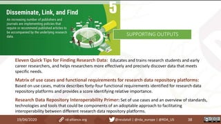 19/04/2020 38rd-alliance.org @resdatall | @rda_europe | @RDA_US
SUPPORTING OUTPUTS
Eleven Quick Tips for Finding Research Data: Educates and trains research students and early
career researchers, and helps researchers more effectively and precisely discover data that meets
specific needs.
Matrix of use cases and functional requirements for research data repository platforms:
Based on use cases, matrix describes forty-four functional requirements identified for research data
repository platforms and provides a score identifying relative importance.
Research Data Repository Interoperability Primer: Set of use cases and an overview of standards,
technologies and tools that could be components of an adoptable approach to facilitating
interoperability between different research data repository platforms.
 