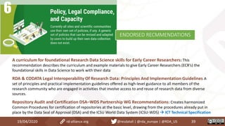 A curriculum for foundational Research Data Science skills for Early Career Researchers: This
recommendation describes the curriculum and example materials to give Early Career Researchers (ECR’s) the
foundational skills in Data Science to work with their data
RDA & CODATA Legal Interoperability Of Research Data: Principles And Implementation Guidelines A
set of principles and practical implementation guidelines offered as high-level guidance to all members of the
research community who are engaged in activities that involve access to and reuse of research data from diverse
sources.
Repository Audit and Certification DSA–WDS Partnership WG Recommendations: Creates harmonized
Common Procedures for certification of repositories at the basic level, drawing from the procedures already put in
place by the Data Seal of Approval (DSA) and the ICSU World Data System (ICSU-WDS)  ICT Technical Specification
19/04/2020 39rd-alliance.org @resdatall | @rda_europe | @RDA_US
ENDORSED RECMMENDATIONS
 