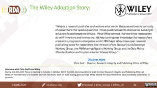 The Wiley Adoption Story:
19/04/2020 42
Discover more
“Wileyisa research publisher and welove what wedo. Becausewelovethe curiosity
of researchersthat sparksquestions. Thosequestionslead to discoveries. Leading to
solutionsto challengesweall face. Weat Wileyconnect that workthat researchers
do with inventorsand innovators. Wehelp turning new knowledgethat researchers
createinto progressto changetheworld. RDAhelpsWileymakeopen research
publishing easier for researchers likethework of theScholarlyLinkExchange
Working Group, the FAIRsharing RegistryWorking Group and theData Policy
Standardisation and Implementation Interest Group.”
Chris Graf - Director, Research Integrity and Publishing Ethics at Wiley
rd-alliance.org @resdatall | @rda_europe | @RDA_US
Interview with Chris Graf from Wiley
During the RDA 14th Plenary meeting in Helsinki in October 2019, the RDA interviewed Chris Graf, Director Research Integrity and Publishing Ethics at
Wiley. In the interview Graf told the story of how RDA’s work on data sharing policies helps Wiley extend the requirement for data availability statements to
journals.
 