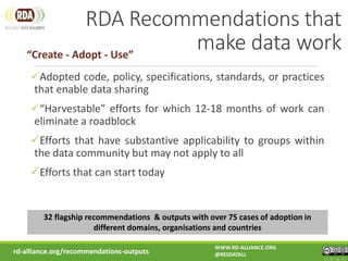 RDA Recommendations that
make data work
rd-alliance.org/recommendations-outputs
Adopted code, policy, specifications, standards, or practices
that enable data sharing
“Harvestable” efforts for which 12-18 months of work can
eliminate a roadblock
Efforts that have substantive applicability to groups within
the data community but may not apply to all
Efforts that can start today
WWW.RD-ALLIANCE.ORG
@RESDATALL
CC BY-SA 4.0
“Create - Adopt - Use”
32 flagship recommendations & outputs with over 75 cases of adoption in
different domains, organisations and countries
 