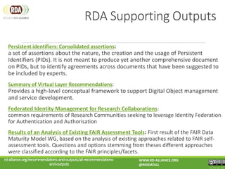 Persistent identifiers: Consolidated assertions:
a set of assertions about the nature, the creation and the usage of Persistent
Identifiers (PIDs). It is not meant to produce yet another comprehensive document
on PIDs, but to identify agreements across documents that have been suggested to
be included by experts.
Summary of Virtual Layer Recommendations:
Provides a high-level conceptual framework to support Digital Object management
and service development.
Federated Identity Management for Research Collaborations:
common requirements of Research Communities seeking to leverage Identity Federation
for Authentication and Authorisation
Results of an Analysis of Existing FAIR Assessment Tools: First result of the FAIR Data
Maturity Model WG, based on the analysis of existing approaches related to FAIR self-
assessment tools. Questions and options stemming from theses different approaches
were classified according to the FAIR principles/facets.
rd-alliance.org/recommendations-and-outputs/all-recommendations-
and-outputs
WWW.RD-ALLIANCE.ORG
@RESDATALL
CC BY-SA 4.0
RDA Supporting Outputs
 