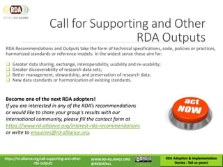 RDA Recommendations and Outputs take the form of technical specifications, code, policies or practices,
harmonized standards or reference models. In the widest sense these aim for:
 Greater data sharing, exchange, interoperability, usability and re-usability;
 Greater discoverability of research data sets;
 Better management, stewardship, and preservation of research data;
 New data standards or harmonization of existing standards.
https://rd-alliance.org/call-supporting-and-other-
rda-outputs
WWW.RD-ALLIANCE.ORG
@RESDATALL CC BY-SA 4.0
RDA Adoption & Implementation
Stories - Tell us yours!
Call for Supporting and Other
RDA Outputs
Become one of the next RDA adopters!
If you are interested in any of the RDA’s recommendations
or would like to share your group's results with our
international community, please fill the contact form at
https://www.rd-alliance.org/interest-rda-recommendations
or write to enquiries@rd-alliance.org.
 