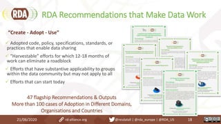 RDA Recommendations that Make Data Work
21/06/2020 18
 Adopted code, policy, specifications, standards, or
practices that enable data sharing
 “Harvestable” efforts for which 12-18 months of
work can eliminate a roadblock
 Efforts that have substantive applicability to groups
within the data community but may not apply to all
 Efforts that can start today
“Create - Adopt - Use”
47 flagship Recommendations & Outputs
More than 100 cases of Adoption in Different Domains,
Organisations and Countries
rd-alliance.org @resdatall | @rda_europe | @RDA_US
 
