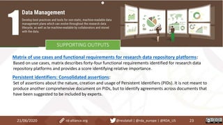 21/06/2020 23rd-alliance.org @resdatall | @rda_europe | @RDA_US
SUPPORTING OUTPUTS
Matrix of use cases and functional requirements for research data repository platforms:
Based on use cases, matrix describes forty-four functional requirements identified for research data
repository platforms and provides a score identifying relative importance.
Persistent identifiers: Consolidated assertions:
Set of assertions about the nature, creation and usage of Persistent Identifiers (PIDs). It is not meant to
produce another comprehensive document on PIDs, but to identify agreements across documents that
have been suggested to be included by experts.
 