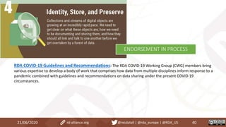 RDA COVID-19 Guidelines and Recommendations: The RDA COVID-19 Working Group (CWG) members bring
various expertise to develop a body of work that comprises how data from multiple disciplines inform response to a
pandemic combined with guidelines and recommendations on data sharing under the present COVID-19
circumstances.
21/06/2020 40rd-alliance.org @resdatall | @rda_europe | @RDA_US
ENDORSEMENT IN PROCESS
 