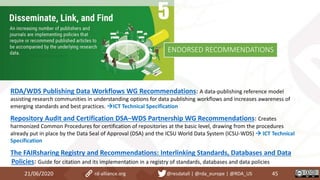 RDA/WDS Publishing Data Workflows WG Recommendations: A data-publishing reference model
assisting research communities in understanding options for data publishing workflows and increases awareness of
emerging standards and best practices. ICT Technical Specification
Repository Audit and Certification DSA–WDS Partnership WG Recommendations: Creates
harmonized Common Procedures for certification of repositories at the basic level, drawing from the procedures
already put in place by the Data Seal of Approval (DSA) and the ICSU World Data System (ICSU-WDS)  ICT Technical
Specification
The FAIRsharing Registry and Recommendations: Interlinking Standards, Databases and Data
Policies: Guide for citation and its implementation in a registry of standards, databases and data policies
21/06/2020 45rd-alliance.org @resdatall | @rda_europe | @RDA_US
ENDORSED RECOMMENDATIONS
 