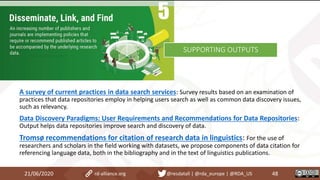 21/06/2020 48rd-alliance.org @resdatall | @rda_europe | @RDA_US
SUPPORTING OUTPUTS
A survey of current practices in data search services: Survey results based on an examination of
practices that data repositories employ in helping users search as well as common data discovery issues,
such as relevancy.
Data Discovery Paradigms: User Requirements and Recommendations for Data Repositories:
Output helps data repositories improve search and discovery of data.
Tromsø recommendations for citation of research data in linguistics: For the use of
researchers and scholars in the field working with datasets, we propose components of data citation for
referencing language data, both in the bibliography and in the text of linguistics publications.
 