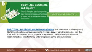 RDA COVID-19 Guidelines and Recommendations: The RDA COVID-19 Working Group
(CWG) members bring various expertise to develop a body of work that comprises how data
from multiple disciplines inform response to a pandemic combined with guidelines and
recommendations on data sharing under the present COVID-19 circumstances.
21/06/2020 52rd-alliance.org @resdatall | @rda_europe | @RDA_US
ENDORSEMENT IN PROCESS
 