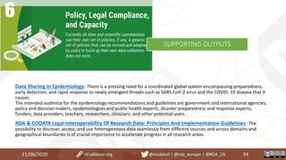 Data Sharing in Epidemiology: There is a pressing need for a coordinated global system encompassing preparedness,
early detection, and rapid response to newly emergent threats such as SARS-CoV-2 virus and the COVID- 19 disease that it
causes.
The intended audience for the epidemiology recommendations and guidelines are government and international agencies,
policy and decision makers, epidemiologists and public health experts, disaster preparedness and response experts,
funders, data providers, teachers, researchers, clinicians, and other potential users.
RDA & CODATA Legal Interoperability Of Research Data: Principles And Implementation Guidelines: The
possibility to discover, access, and use heterogeneous data seamlessly from different sources and across domains and
geographical boundaries is of crucial importance to accelerate progress in all research areas.
21/06/2020 54rd-alliance.org @resdatall | @rda_europe | @RDA_US
SUPPORTING OUTPUTS
 