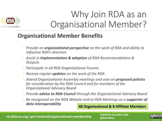 Why Join RDA as an
Organisational Member?
Organisational Member Benefits
◦ Provide an organizational perspective on the work of RDA and ability to
influence RDA’s direction
◦ Assist in implementation & adoption of RDA Recommendations &
Outputs
◦ Participate in all RDA Organizational Forums
◦ Receive regular updates on the work of the RDA
◦ Attend Organizational Assembly meetings and vote on proposed policies
for consideration by the RDA Council and for members of the
Organizational Advisory Board
◦ Provide advice to RDA Council through the Organizational Advisory Board
◦ Be recognized on the RDA Website and at RDA Meetings as a supporter of
data interoperability
48 Organisational & 8 Affiliate Members
WWW.RD-ALLIANCE.ORG
@RESDATALL
CC BY-SA 4.0
rd-alliance.org/ get-involved/organisational-membership
 