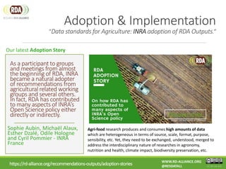 As a participant to groups
and meetings from almost
the beginning of RDA, INRA
became a natural adopter
of recommendations from
agricultural related working
groups and several others.
In fact, RDA has contributed
to many aspects of INRA’s
Open Science policy either
directly or indirectly.
Sophie Aubin, Michaël Alaux,
Esther Dzalé, Odile Hologne
and Cyril Pommier - INRA
France
Agri-food research produces and consumes high amounts of data
which are heterogeneous in terms of source, scale, format, purpose,
sensibility, etc. Yet, they need to be exchanged, understood, merged to
address the interdisciplinary nature of researches in agronomy,
nutrition and health, climate impact, biodiversity preservation, etc.
https://rd-alliance.org/recommendations-outputs/adoption-stories
Adoption & Implementation
“Data standards for Agriculture: INRA adoption of RDA Outputs.”
CC BY-SA 4.0
WWW.RD-ALLIANCE.ORG
@RESDATALL
Our latest Adoption Story
Discover more
 