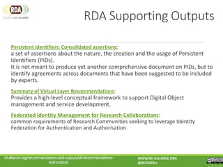 Persistent identifiers: Consolidated assertions:
a set of assertions about the nature, the creation and the usage of Persistent
Identifiers (PIDs).
It is not meant to produce yet another comprehensive document on PIDs, but to
identify agreements across documents that have been suggested to be included
by experts.
Summary of Virtual Layer Recommendations:
Provides a high-level conceptual framework to support Digital Object
management and service development.
Federated Identity Management for Research Collaborations:
common requirements of Research Communities seeking to leverage Identity
Federation for Authentication and Authorisation
rd-alliance.org/recommendations-and-outputs/all-recommendations-
and-outputs
WWW.RD-ALLIANCE.ORG
@RESDATALL
CC BY-SA 4.0
RDA Supporting Outputs
 