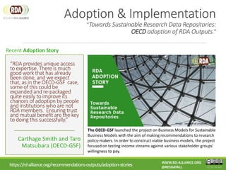 “RDA provides unique access
to expertise. There is much
good work that has already
been done, and we expect
that, as in the OECD-GSF case,
some of this could be
expanded and re-packaged
quite easily to improve its
chances of adoption by people
and institutions who are not
RDA members. Ensuring trust
and mutual benefit are the key
to doing this successfully.“
Carthage Smith and Taro
Matsubara (OECD-GSF)
The OECD-GSF launched the project on Business Models for Sustainable
Business Models with the aim of making recommendations to research
policy-makers. In order to construct viable business models, the project
focused on testing income streams against various stakeholder groups'
willingness to pay.
https://rd-alliance.org/recommendations-outputs/adoption-stories
Adoption & Implementation
“Towards Sustainable Research Data Repositories:
OECD adoption of RDA Outputs.”
CC BY-SA 4.0
WWW.RD-ALLIANCE.ORG
@RESDATALL
Recent Adoption Story
Discover more
 