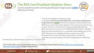 The RDA CoreTrustSeal Adoption Story:
17/09/2019 29
Discover more
The CoreTrustSeal certification project
investigated Commonwealth Scientific and Industrial Research
Organisation’s (CSIRO) institutional repository Data AccessPortal
(DAP)asa trustworthydata repository.Thereweretwo partsto the
project. Firstly,to use the Core TrustworthyData Repositories
Requirements,an outcome of the RDA/WDSCertification of Digital
RepositoriesInterest Group, to undertake a self-assessment of the
DAP. Secondly, to investigate policies, proceduresor DAP
development to host externally owned data in the DAP. An
application wassubmitted to the CoreTrustSealand the DAPwas
certified asa trustworthydata repositoryin October 2018.
CoreTrustSeal offers to any interested data repository a core level certification based on the DSA–WDS Core Trustworthy Data
Repositories Requirements catalogue and procedures.
Commonwealth Scientific and Industrial Research Organisation (CSIRO)
Data Access Portal
rd-alliance.org @resdatall | @rda_europe | @RDA_US
 