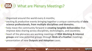 What are Plenary Meetings?
17/09/2019 31
• Organised around the world every 6 months;
• exciting & productive events bringing together a unique community of data
science professionals, from multiple disciplines and domains;
• help move the community forward in creating tangible deliverables that
improve data sharing across disciplines, technologies, and countries;
• heart of the plenaries are working meetings of RDA Working & Interest
groups and new potential groups through Birds of a Feather meetings
• presentation of new Outputs and Adoption cases.
rd-alliance.org @resdatall | @rda_europe | @RDA_US
 
