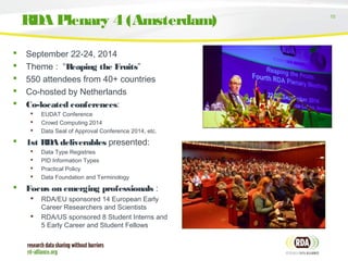 15
 September 22-24, 2014
 Theme : “Reaping the Fruits”
 550 attendees from 40+ countries
 Co-hosted by Netherlands
 Co-located conferences:
 EUDAT Conference
 Crowd Computing 2014
 Data Seal of Approval Conference 2014, etc.
 1st RDA deliverables presented:
 Data Type Registries
 PID Information Types
 Practical Policy
 Data Foundation and Terminology
 Focus on emerging professionals :
 RDA/EU sponsored 14 European Early
Career Researchers and Scientists
 RDA/US sponsored 8 Student Interns and
5 Early Career and Student Fellows
RDA Plenary 4 (Amsterdam)
 