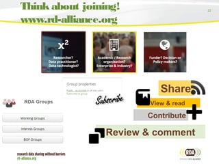 22
Contribute
Thinkabout joining!
www.rd-alliance.org
View & read
Review & comment
Share
 