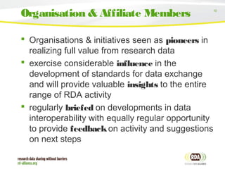 10
 Organisations & initiatives seen as pioneers in
realizing full value from research data
 exercise considerable influence in the
development of standards for data exchange
and will provide valuable insights to the entire
range of RDA activity
 regularly briefed on developments in data
interoperability with equally regular opportunity
to provide feedbackon activity and suggestions
on next steps
Organisation & Affiliate Members
 