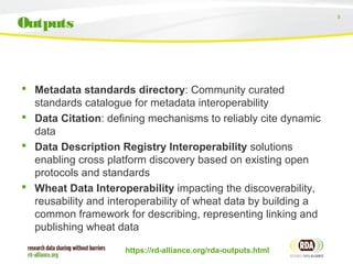 9
 Metadata standards directory: Community curated
standards catalogue for metadata interoperability
 Data Citation: defining mechanisms to reliably cite dynamic
data
 Data Description Registry Interoperability solutions
enabling cross platform discovery based on existing open
protocols and standards
 Wheat Data Interoperability impacting the discoverability,
reusability and interoperability of wheat data by building a
common framework for describing, representing linking and
publishing wheat data
https://rd-alliance.org/rda-outputs.html
Outputs
 