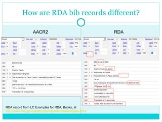 How are RDA bib records different? AACR2 RDA RDA record from LC Examples for RDA, Books, at  http://www.loc.gov/catdir/cps...