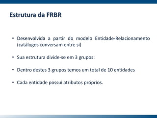 Estrutura da FRBR
• Desenvolvida a partir do modelo Entidade-Relacionamento
(catálogos conversam entre si)
• Sua estrutura divide-se em 3 grupos:
• Dentro destes 3 grupos temos um total de 10 entidades
• Cada entidade possui atributos próprios.
 