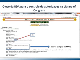 O uso da RDA para o controle de autoridades na Library of
Congress
Novos campos do MARC
 