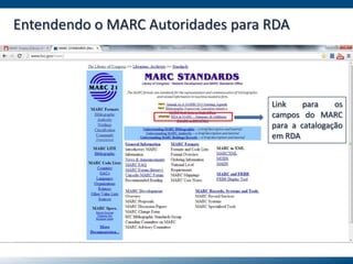Entendendo o MARC Autoridades para RDA
Link para os
campos do MARC
para a catalogação
em RDA
 