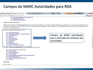 Campos do MARC Autoridades para RDA
Campos do MARC Autoridades
para a descrição dos atributos das
autoridades.
 