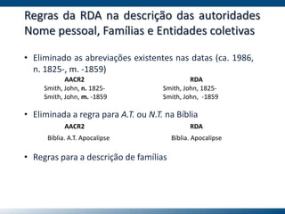 Regras da RDA na descrição das autoridades
Nome pessoal, Famílias e Entidades coletivas
• Eliminado as abreviações existentes nas datas (ca. 1986,
n. 1825-, m. -1859)
AACR2
Smith, John, n. 1825-
Smith, John, m. -1859
Smith, John, 1825-
Smith, John, -1859
RDA
• Regras para a descrição de famílias
• Eliminada a regra para A.T. ou N.T. na Bíblia
AACR2 RDA
Bíblia. A.T. Apocalipse Bíblia. Apocalipse
 