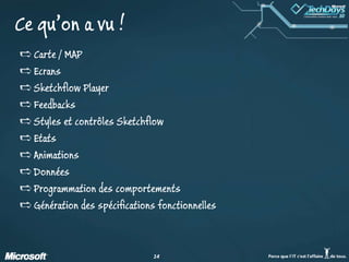 Ce qu’on a vu !Carte / MAPEcransSketchflow PlayerFeedbacksStyles et contrôles SketchflowEtatsAnimationsDonnéesProgrammation des comportementsGénération des spécifications fonctionnelles