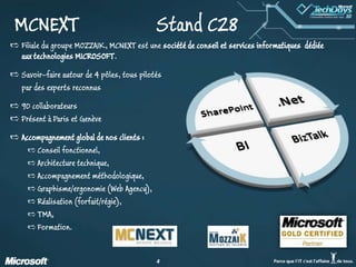 MCNEXT			Stand C28Filiale du groupe MOZZAIK, MCNEXT est une société de conseil et services informatiques  dédiée aux technologies MICROSOFT. Savoir–faire autour de 4 pôles, tous pilotés	par des experts reconnus90 collaborateursPrésent à Paris et GenèveAccompagnement global de nos clients :Conseil fonctionnel,Architecture technique,Accompagnement méthodologique,Graphisme/ergonomie (Web Agency),Réalisation (forfait/régie),TMA, Formation.