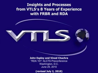John Espley and Vinod Chachra “ RDA 101” ALCTS Preconference Washington, D.C. June 25, 2010 (revised July 2, 2010) Insights and Processes from VTLS ’ s 8 Years of Experience with FRBR and RDA 