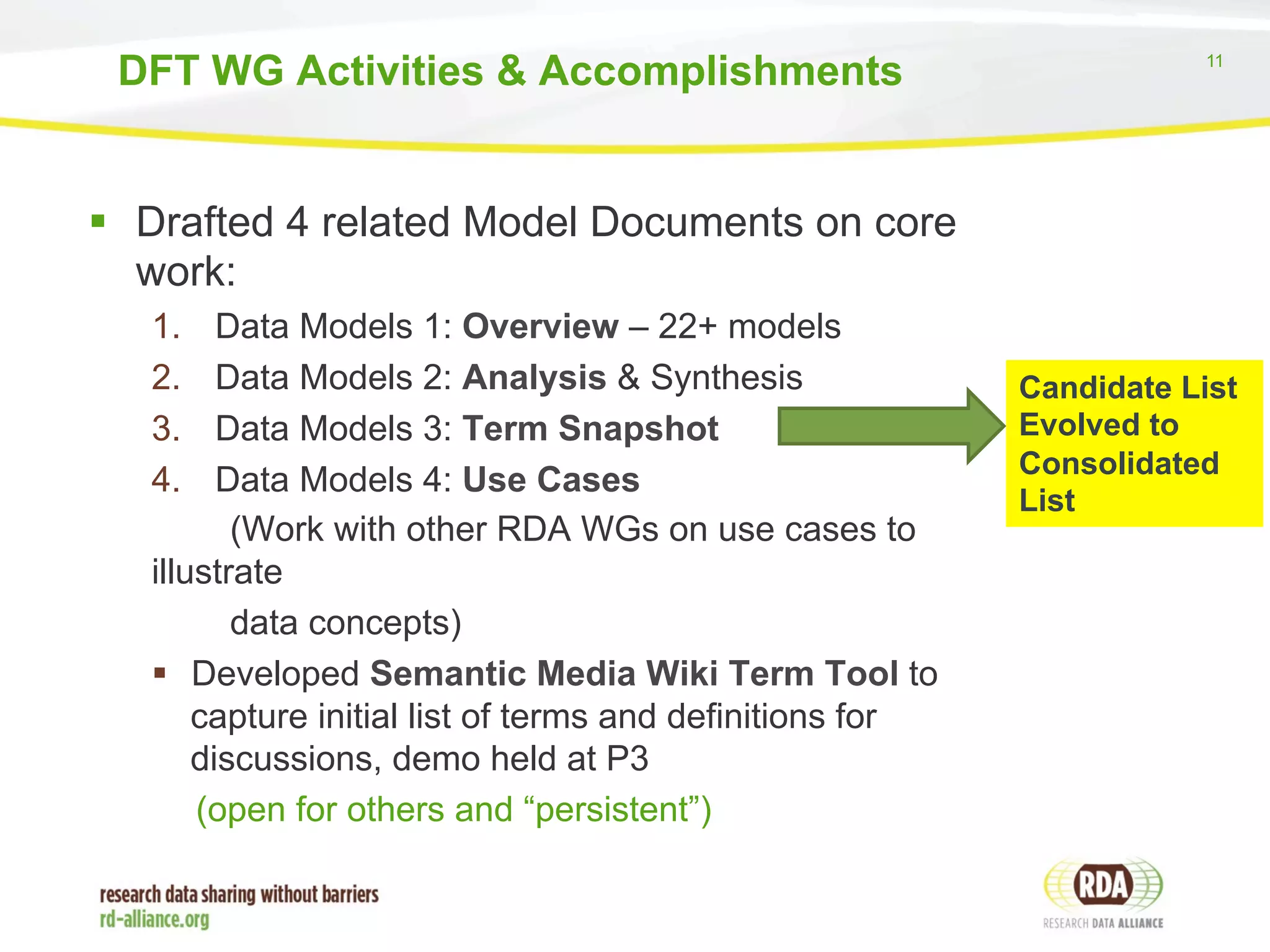 DFT WG Activities & Accomplishments 11 
§ Drafted 4 related Model Documents on core 
work: 
1. Data Models 1: Overview – 22+ models 
2. Data Models 2: Analysis & Synthesis 
3. Data Models 3: Term Snapshot 
4. Data Models 4: Use Cases 
(Work with other RDA WGs on use cases to 
illustrate 
data concepts) 
§ Developed Semantic Media Wiki Term Tool to 
capture initial list of terms and definitions for 
discussions, demo held at P3 
(open for others and “persistent”) 
Candidate List 
Evolved to 
Consolidated 
List 
 