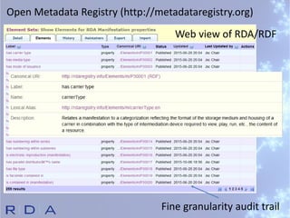 Web view of RDA/RDF
Open Metadata Registry (http://metadataregistry.org)
Fine granularity audit trail
 