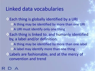 Linked data vocabularies
Each thing is globally identified by a URI
A thing may be identified by more than one URI
A URI must identify only one thing
Each thing is linked to, and humanly identified
by, a label and/or definition.
A thing may be identified by more than one label
A label may identify more than one thing
Labels are fashionable, and at the mercy of
convention and trend
 