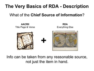 The Very Basics of RDA - Description
What of the Chief Source of Information?
Info can be taken from any reasonable source,
not just the item in hand.
AACRII
Title Page & Verso
+
RDA
Everything Else
 