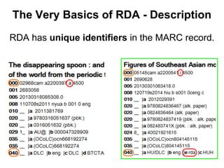 The Very Basics of RDA - Description
RDA has unique identifiers in the MARC record.
 