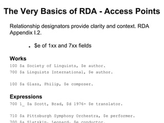 Relationship designators provide clarity and context. RDA
Appendix I.2.
■ $e of 1xx and 7xx fields
Works
100 $a Society of...