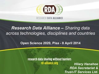 Research Data Alliance – Sharing data
across technologies, disciplines and countries
Open Science 2020, Pisa - 8 April 2014
Hilary Hanahoe
RDA Secretariat &
Trust-IT Services Ltd.
 