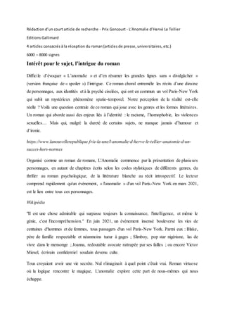 Rédaction d’un court article de recherche - Prix Goncourt - L’Anomalie d’Hervé Le Tellier
Editions Gallimard
4 articles co...