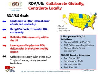 Fran Berman
RDA/US Goals:
 Contribute to RDA “international”
efforts and leadership
 Bring US efforts to broader RDA
community
 Build the RDA community within
the US
 Leverage and implement RDA
deliverables in the US to amplify
impact
 Collaborate closely with other RDA
“regions” on key programs and
initiatives
RDA/US: Collaborate Globally,
Contribute Locally
RDA and RDA/US are supported in part by the National Science Foundation.
NSF-supported RDA/US
initiatives:
• Outreach (RDA  RDA/US)
• RDA Deliverables Amplification
• Student / Early Career
Engagement
RDA/US Steering Committee
• Fran Berman, RPI
• Larry Lannom, CNRI
• Mark Parsons, RPI
• Beth Plale, IU
RDA US
membership
(yellow states)
 